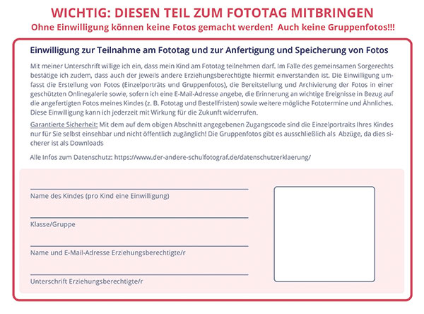 Die untere Hälfte mit der Fotoerlaubnis, die die Eltern unterschreiben und wieder abgeben